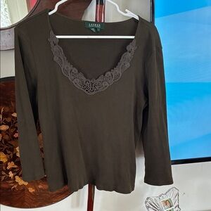 Ralph Lauren Dark Olive Lace Trim Blouse